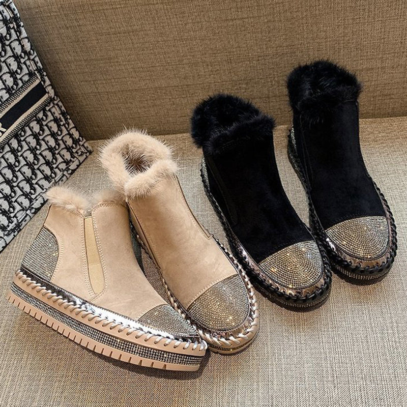 Women's Genuine Leather Ankle Boots with Rhinestone Detail