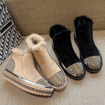 Women's Genuine Leather Ankle Boots with Rhinestone Detail