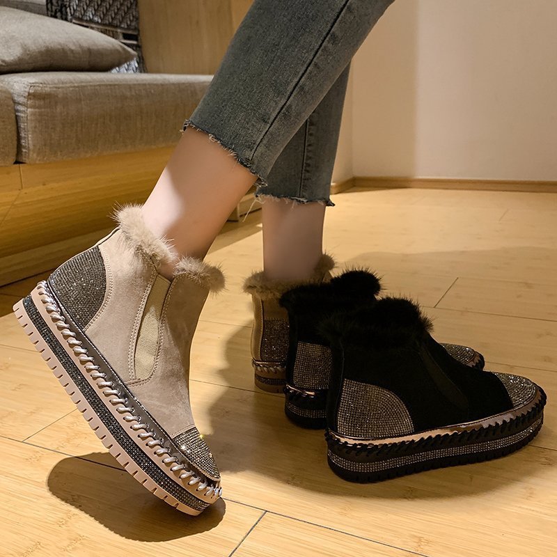 Women's Genuine Leather Ankle Boots with Rhinestone Detail