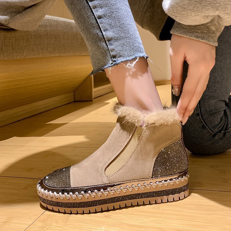 Women's Genuine Leather Ankle Boots with Rhinestone Detail