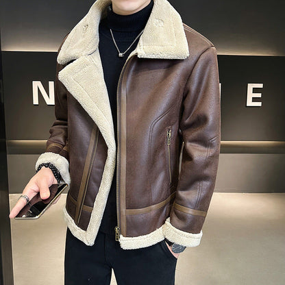 Men's Fleece-Lined Motorcycle Jacket with Faux Fur Trim