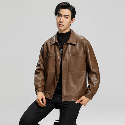 Men's Faux Leather Biker Jacket with Lapel Collar