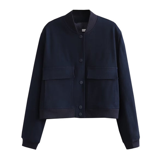 Suzynmom women's cropped bomber jacket in dark blue with button closure