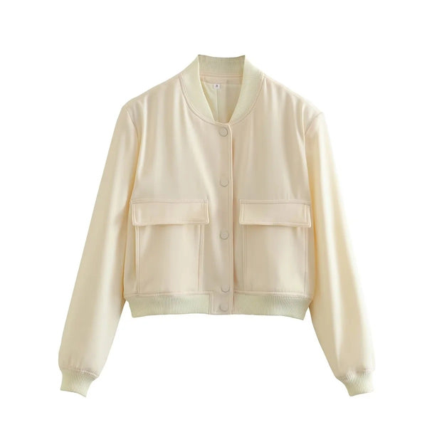 Suzynmom women's cropped bomber jacket in white with button closure