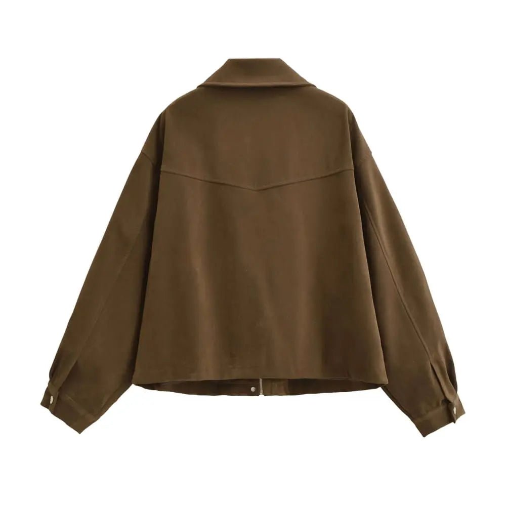 Suzynmom Women's Versatile Flight Jacket in Dark Brown with Oversized Fit, Button Closure, and Large Front Utility Pockets