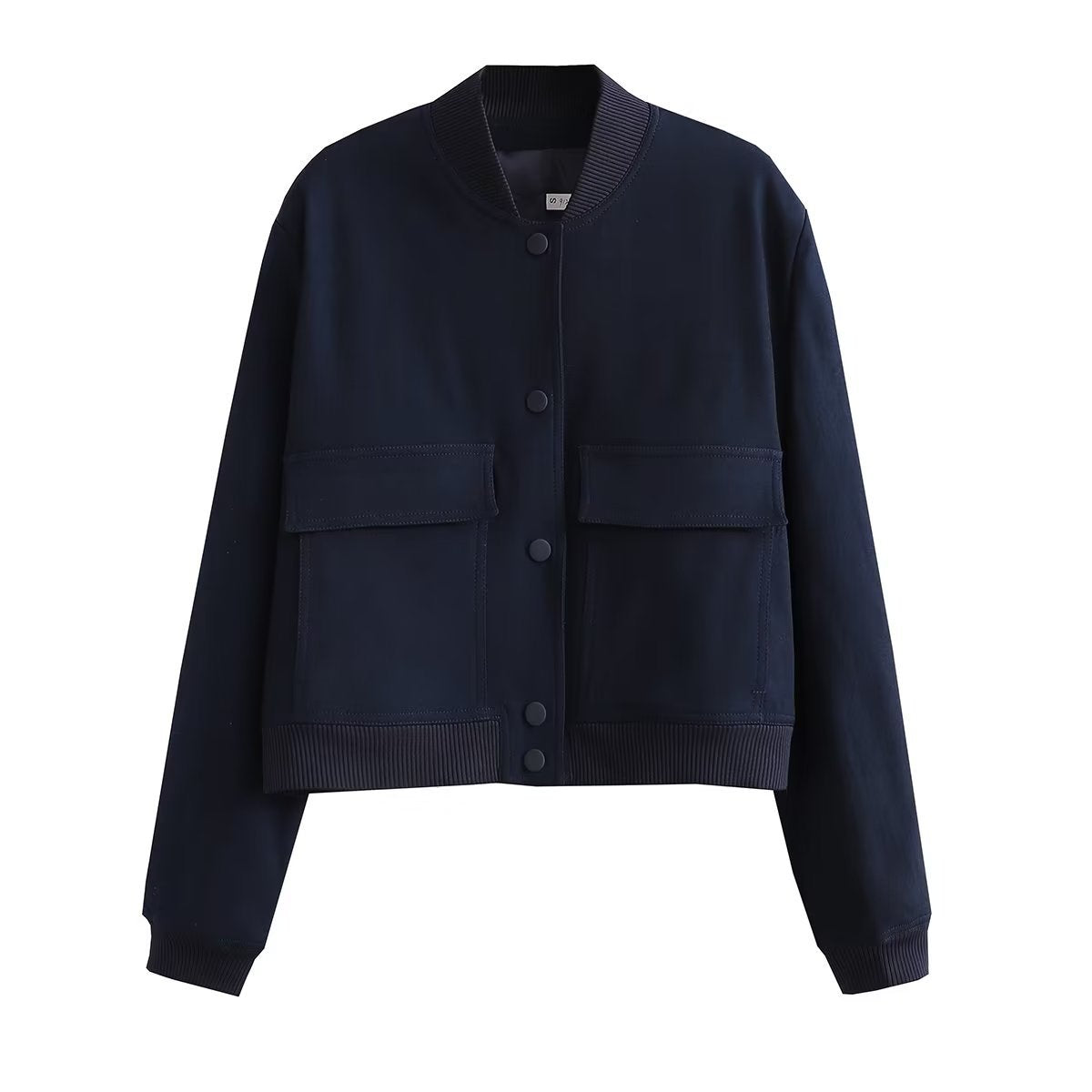 women's cropped bomber jacket in dark blue with button closure